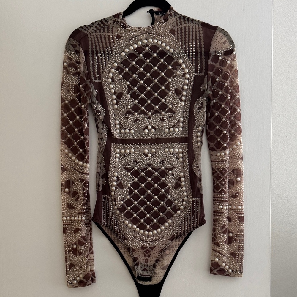 Balmain Inspired Embellished Pearl Lattice Long Sleeve Bodysuit